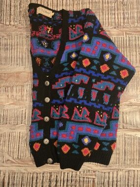 L.L. Bean Size L Multicolor 100% Wool Cardigan Sleeve